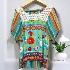 Colorful Figueroa & Flower Boho Floral Print With Crochet‎ Trim Lightweight Top